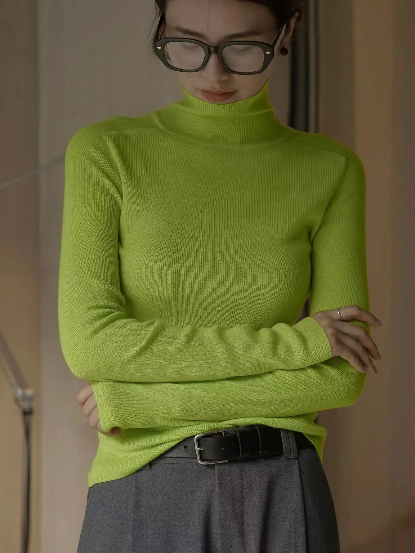 Women's High Neck Long Sleeve Wool Sweater, Slim Fit, Monochromatic, Casual, Autumn, Winter 6