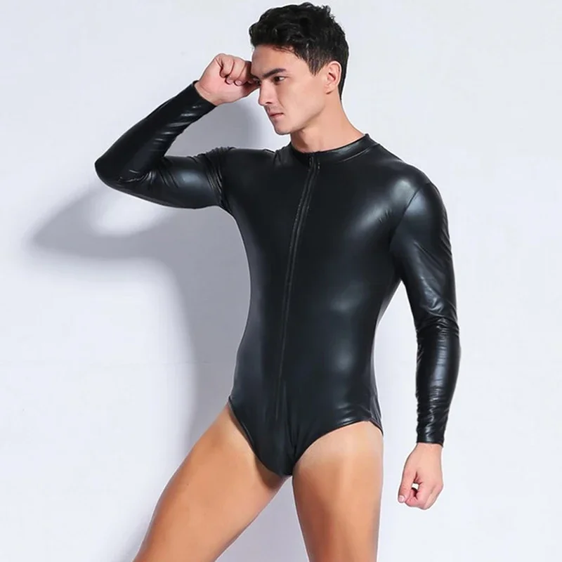 

Long Sleeve Zipper Latex Wetlook Catsuit Gothic Faux Leather Bodysuit Men's Sexy Black PVC Latex Gay Jumpsuit Leotard Clubwear