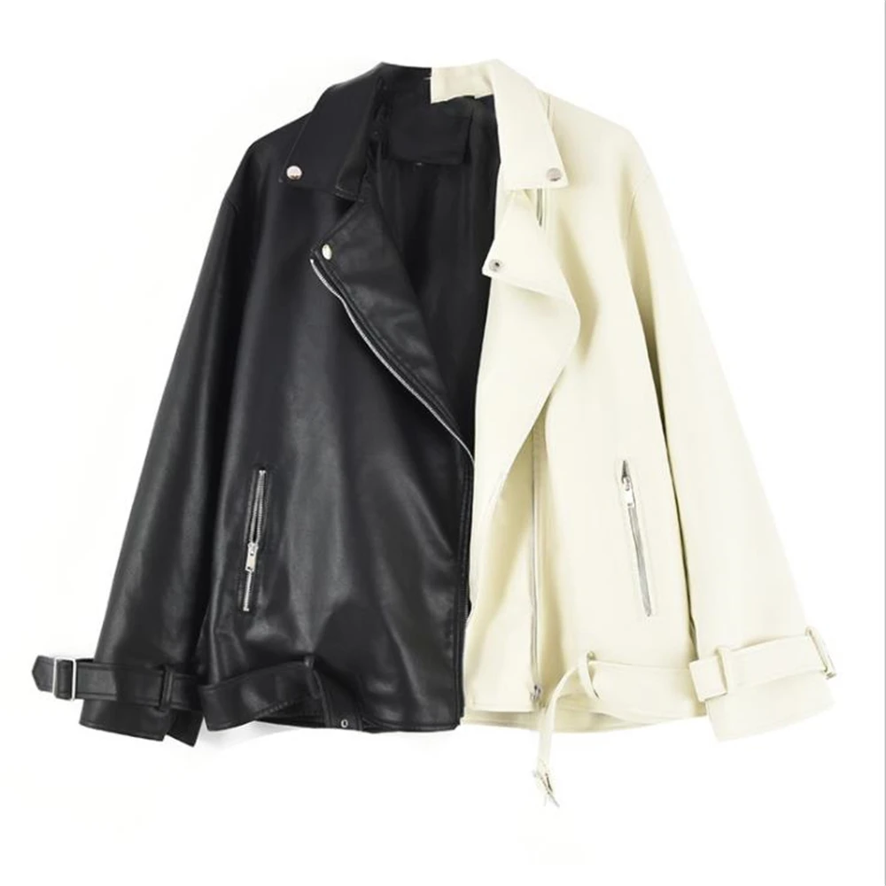 

Spring Autumn Lapel Splicing Pu Leather Jacket Women Moto Frenulum Faux Soft Leather Coat Casual Loose Outwear With Belt Spring