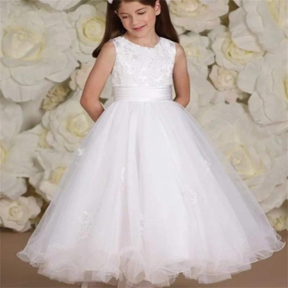 

Elegance Lace Appliqué Sleeveless Flower Girl Dresses Fluffy Pageant First Communion Dresses Wedding Party Formal Gown