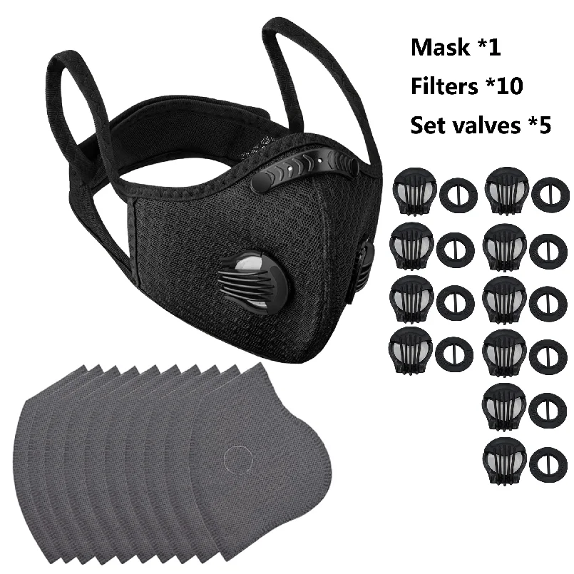 Masque réutilisable sport avec filtre charbon actif, vue de face montrant les coutures et la valve