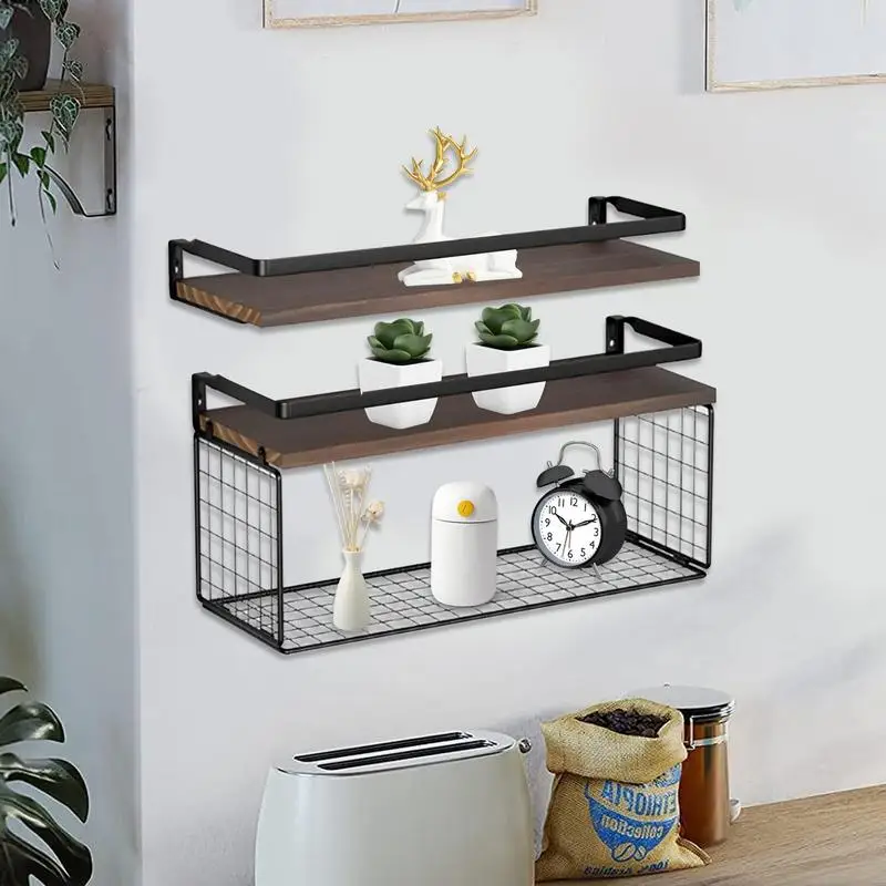 Black/Natural Floating Metal and Wood Wall Shelves (Set of 3)