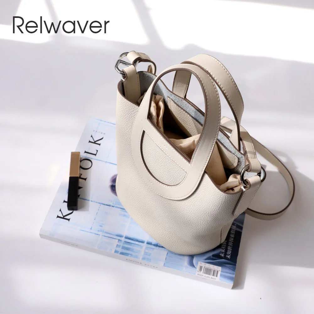 Relwaver 여성용 진짜 가죽 가방, 2023 봄 여름 버킷 핸드백, 베이지 화이트 그레이, 소형 암소 가죽 숄더 크로스바디 백