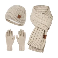 Womens Hat Scarf and Glove Sets Winter Knitted Keep Warm Soft Thick Three Piece Set Christmas Female Fleece Warm Scarf Set