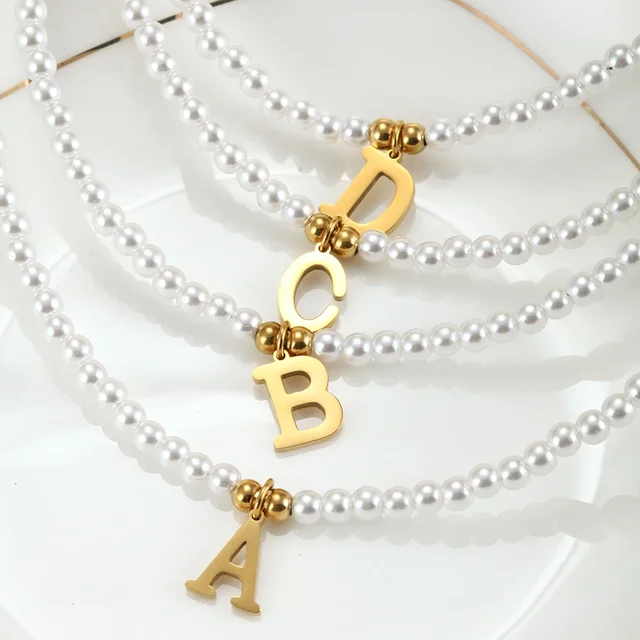 Stainless steel letters initial pendant necklace diy name Simulated pearls Bead Necklaces for Women Pearl Woman's Choker jewelry 4