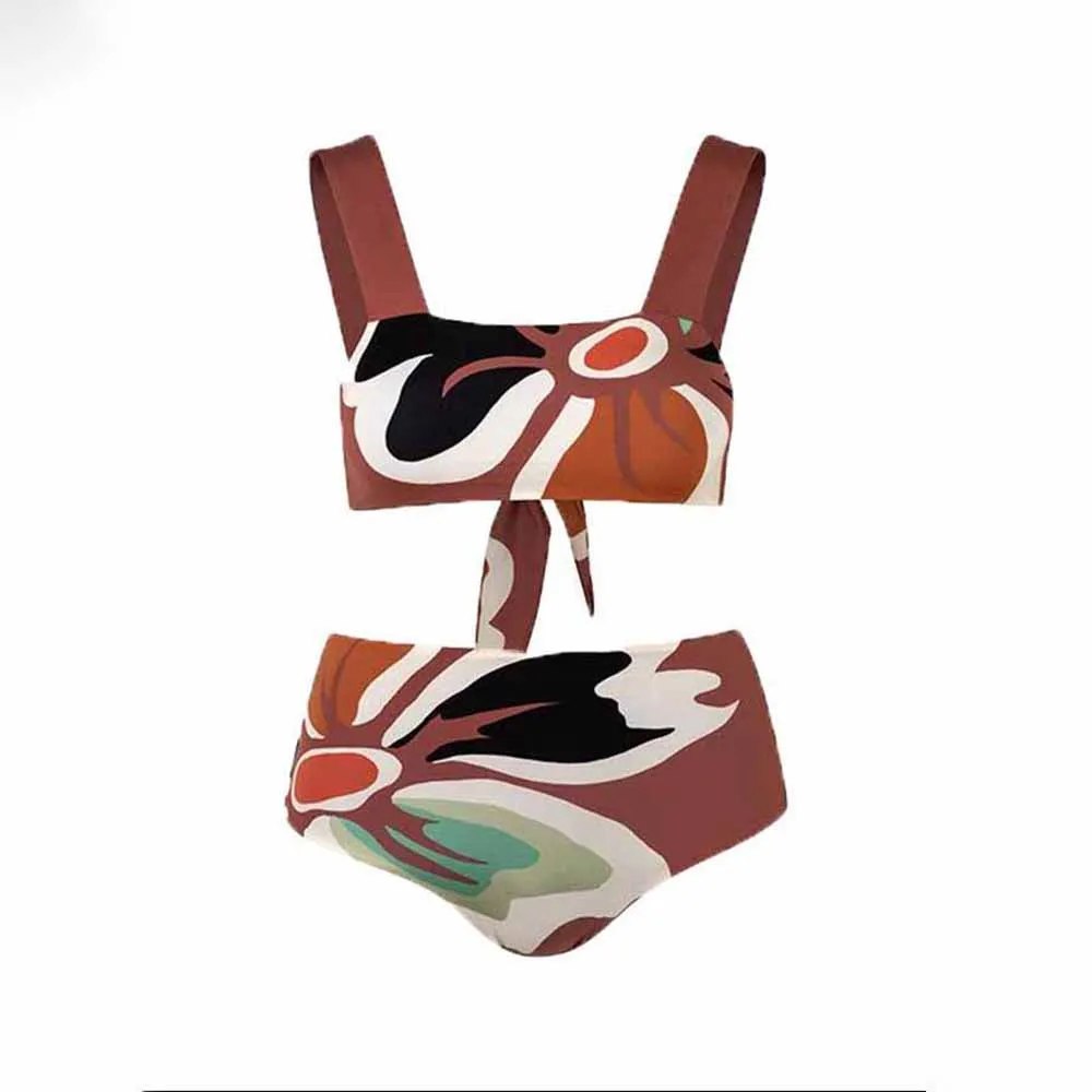 

Printed Fashion Lace Up Split Swimsuit Bikini New 2022 Woman Summer Beach Sexy Erotic Suit Straps Elegance Slim Fit