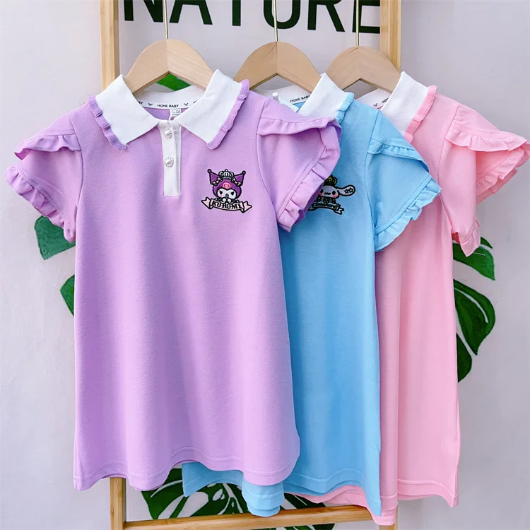 

Kawaii Sanrio My Melody Kuromi Summer Kids Dresses Cartoon Anime Girls' T-shirt Short Sleeve Dress Sweet Polo Shirt Dresses Gift