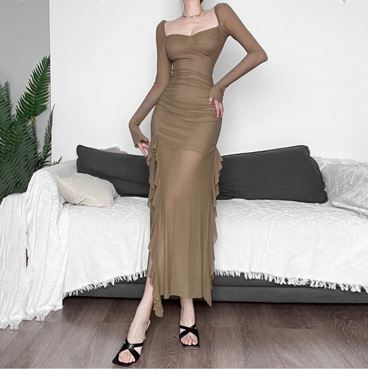 Sexy High Slit Bodycon Midi Dresses for Women Square Collar Long Sleeve Slim Evening Party Dress Club Prom Robe Y2K Vestidos New