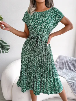 Women Spring Summer Short Sleeve High Waist Chic Dress Fashion Floral Pleated A Line Long Dress 1