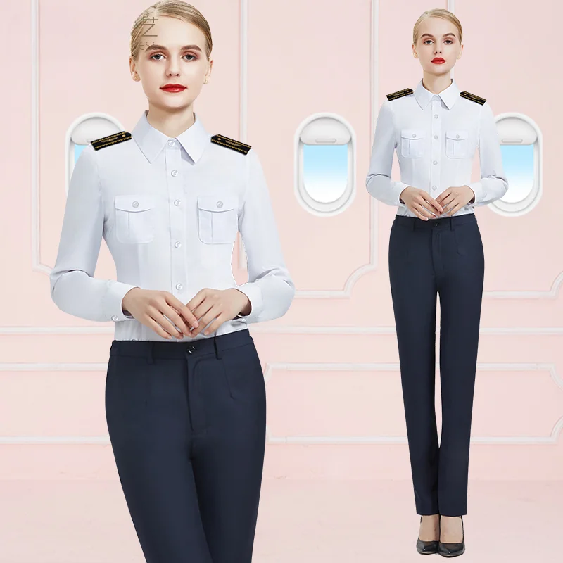 Aviation female captain pilot uniform white shirt college slim fitting  shoulder badg flight attendant long sleeved work shirt