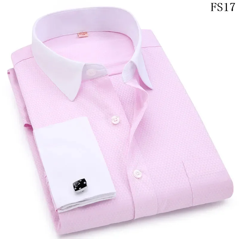 Large size Men French Cufflinks Shirts White Collar Design Solid Color Jacquard Fabric Male Gentleman Dress Long Sleeves Shirt
