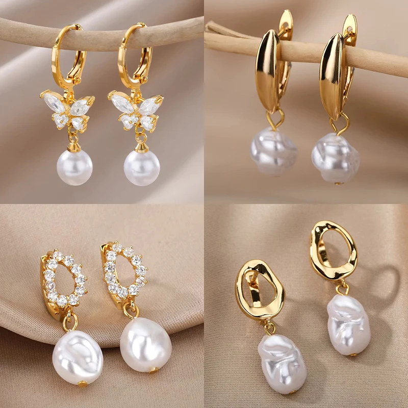 Butterfly Zircon Stainless Steel Pearl Earrings For Women