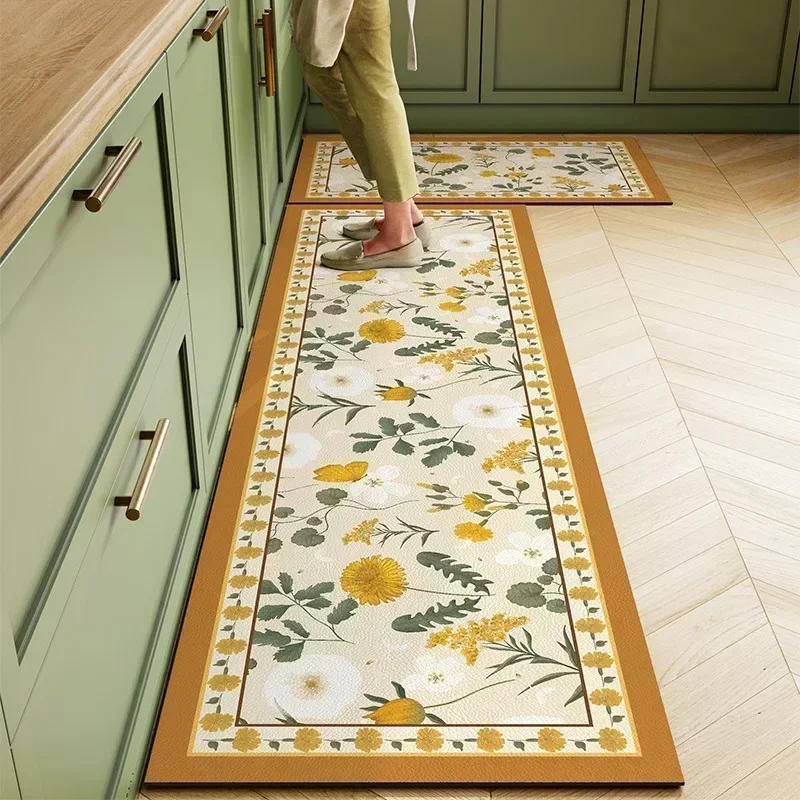 Kitchen Carpet PVC Leather Waterproof Floor Mat Non-slip Oil Proof Foot Mats Long Rug Spring Green Flower Home Decoration Rugs 2