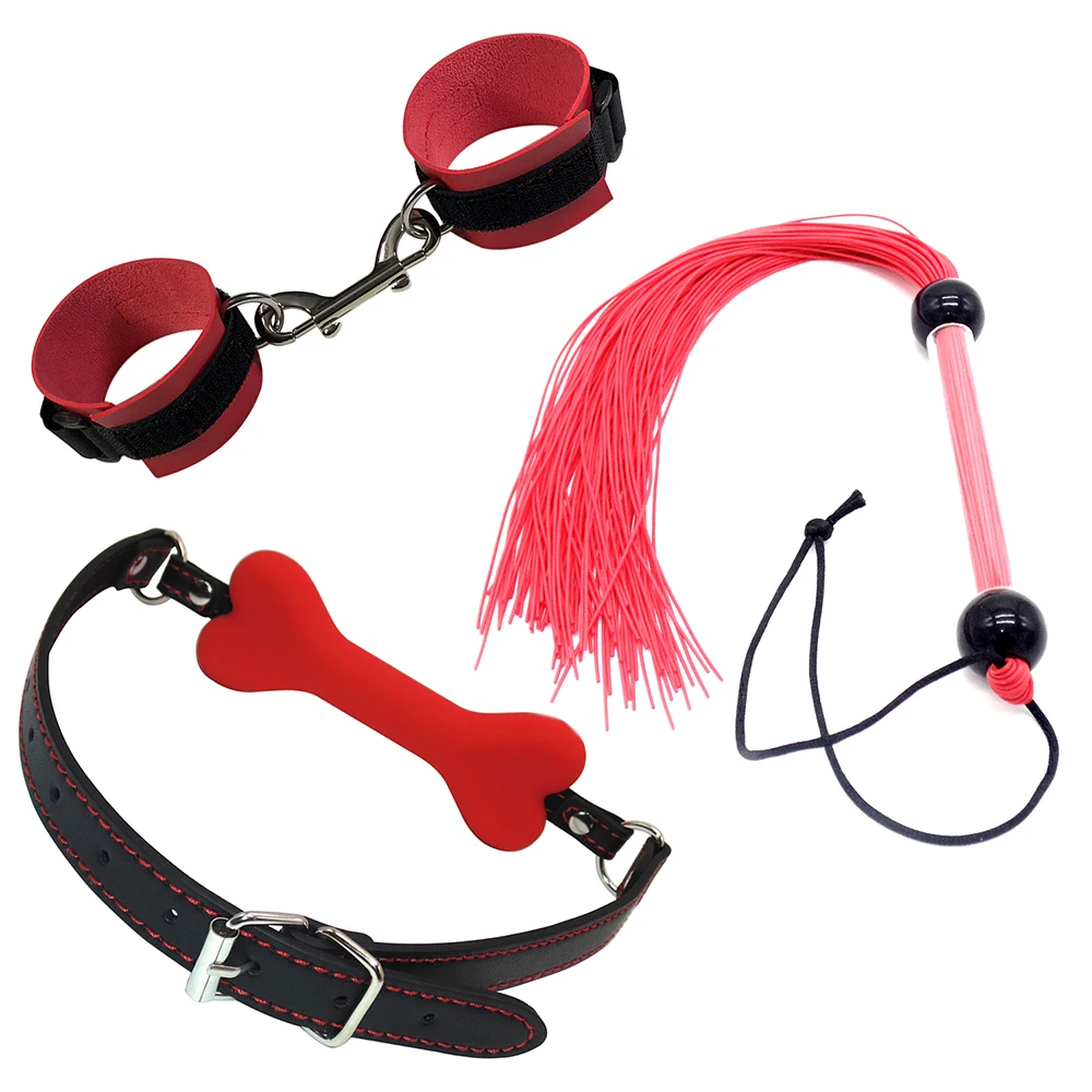 Sexy Leather BDSM Kits Handcuffs Whip Spanking Bondage Handcuffs Mouth Gags Sex Toys for Women Men 3Pcs/Set