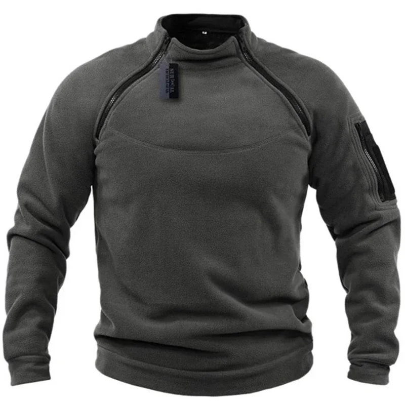 Winter Men's Standing Collar Fleece Pullover Solid Color Tactical Outdoor Jacket Hunting Clothes Zippers Windproof Thicken Coat
