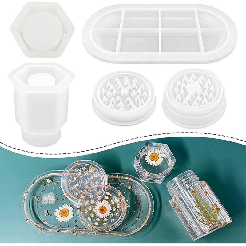 

Grinder Resin Mold Dish Mold and Hexagon Jar with Lid Silicone Molds