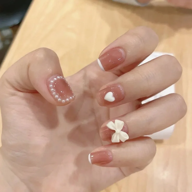 24pcs/box Fake Nails Press on Short Reusable with Designs Set French Artificial Pink False Tipsy Stick-on Nails Tips Art