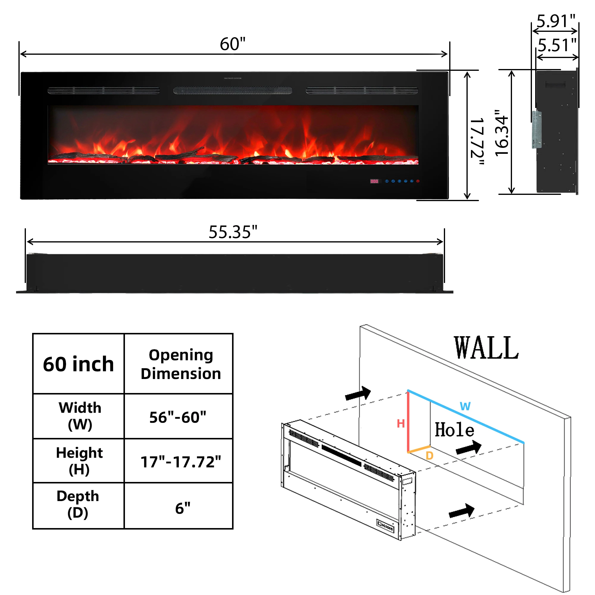Dreamflame 36"42"50"60"72"80"84"88"Hot Sale Electric Heater Fireplace Indoor 13 Colors Recessed And Wall Mounted Heaters