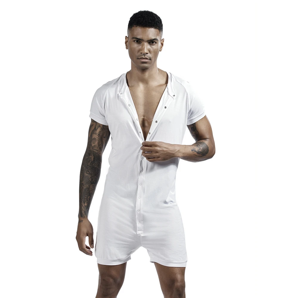 SEOBEAN Men's Button Short Sleeve jumpsuit-Comfortable Solid Color Loose High Elastic Home Clothes Sleepwear