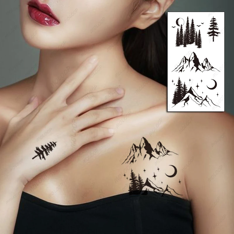 

Moon Tattoo Stickers Forest Christmas Tree Mountain Element Waterproof Body Art Temporary Fake Tatto for Women Men Kids