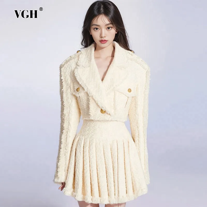 

VGH Solid Casual Two Piece Set For Women Notched Collar Long Sleeve Tops High Waist A Line Skirts Minimalist Sets Female Style