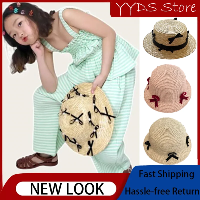 Summer Children's Bow Wheat Straw Straw Hat Elegant Style Hand-woven Simple Cute Little Bow Children's Fisherman Hat holiday style cute cherry grass weaving fisherman women s sunscreen hat summer beach sunshade straw hat dm11