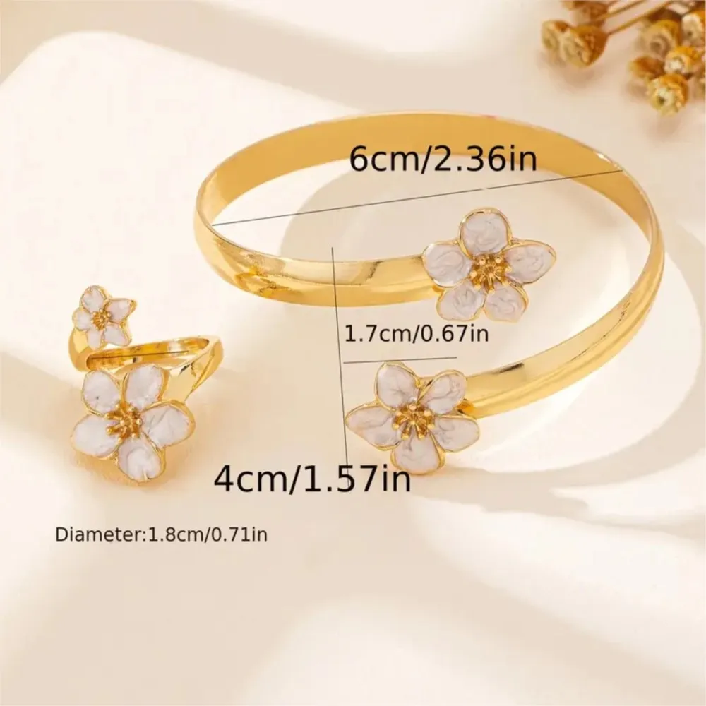 2pcs/set Elegant Enamel Floral Openwork Bracelet and Rings Jewelry Sets for Women Texture Bangle Ring Versatile Jewelry Gift