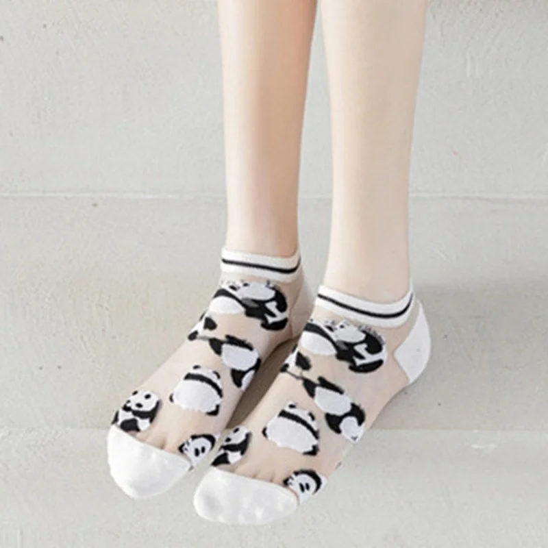 Black Panda  Woman Socks Animal Cartoon Cute Crystal Silk Socks Panda Print Sexy Lace Mesh Fishnet Ankle Boat Socks Summer 1Pair