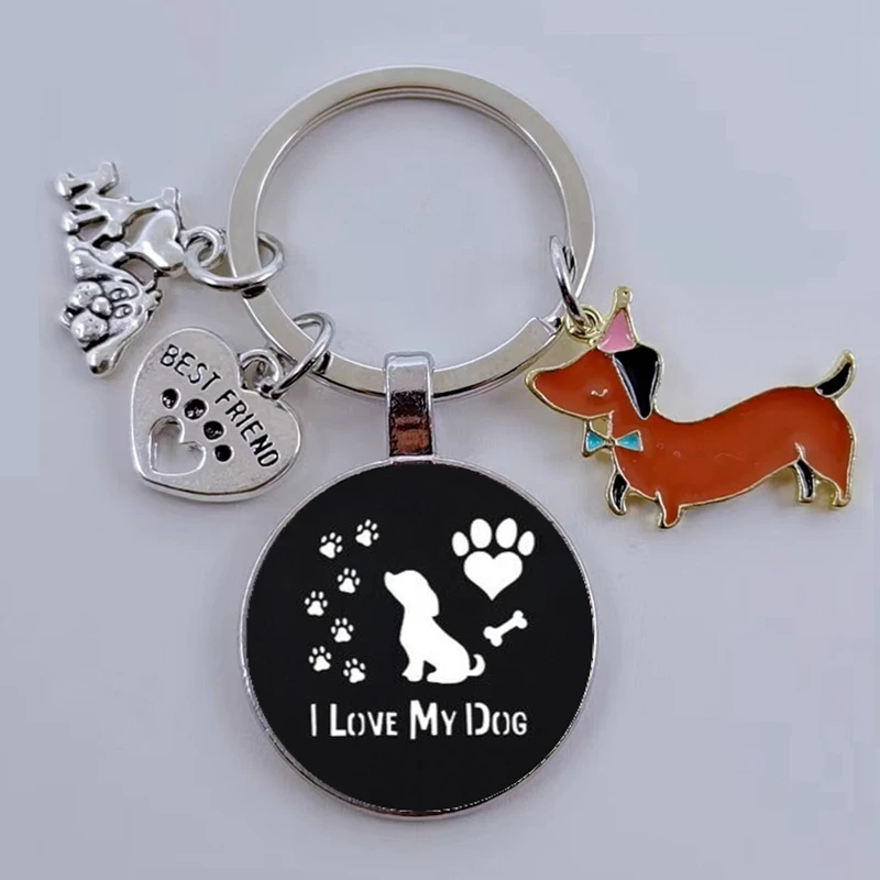 Very Cute Enamel Dachshund Dog Keychain, Adorable Pet Dog Paw Glass Cabochon Keyring I Love My Dog Pendant Keychain Gift