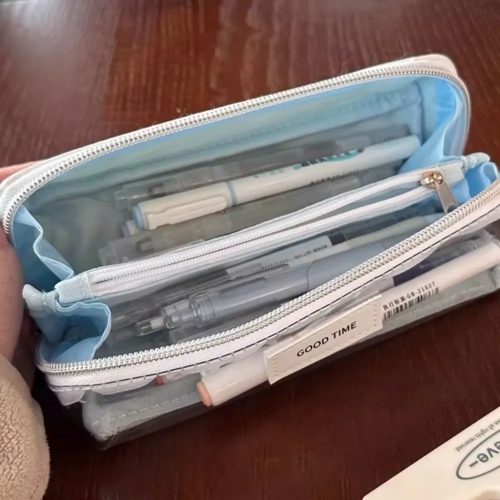 다기능 더블 레이어 펜 가방 대용량 투명 포켓 연필 케이스 보관 주머니 학생