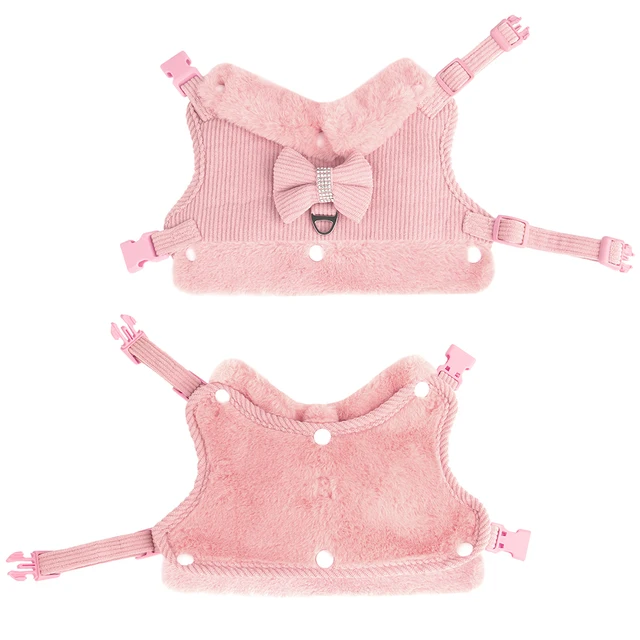 Warm Winter Dog Harness Leash Set Cute Bowknow Puppy Small Dog Vest Harness Soft Fur Collar Vest With Bowtie For Pug Yorkie Pink 3
