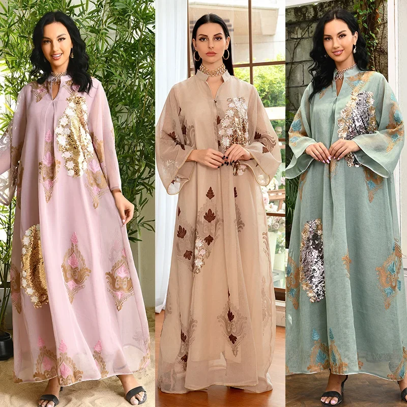 

Muslim Dress Fashion Elegant Small V-neck Bead Embroidered Double-layer Yarn And Floor Skirt Party Daily Shopping Trip Can Be