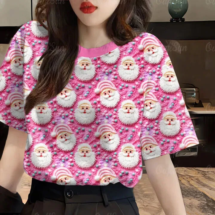 3D 프린트 여성용 반팔 라운드넥 티셔츠 - 폴리에스터 여름 상의