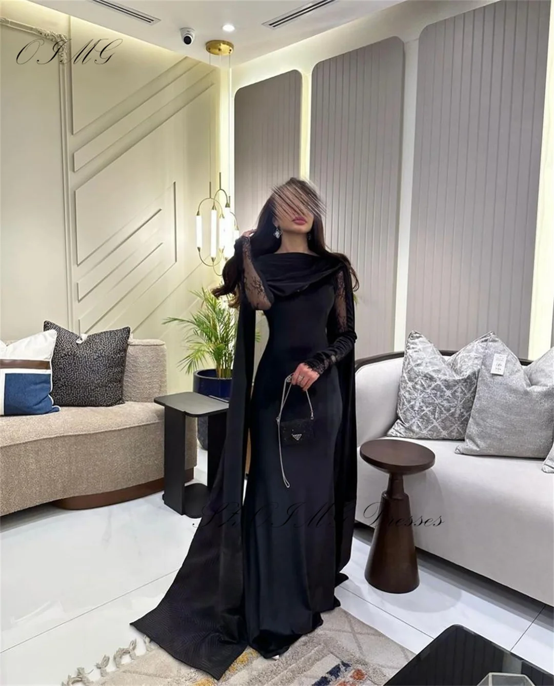 

OIMG Exquisite Black Prom Dresses Saudi Arabic Women Lace Sleeves Modest Evening Gowns with Cape Occasion Formal Party Dress