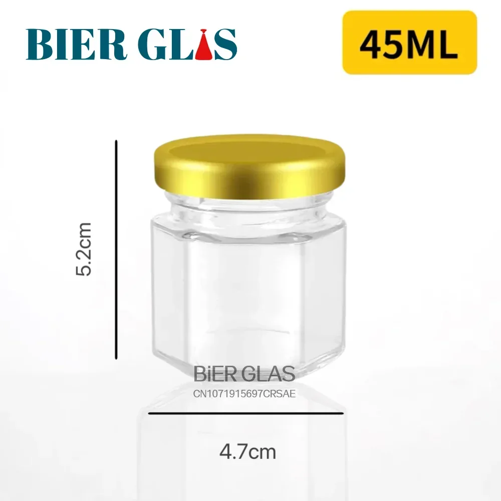 45ml Mini Hexagonal Glass Jars and Lids Glod Cap Split Bottle Small Containers Party Favors Set in Bulk for Guests for Jam Candy 5