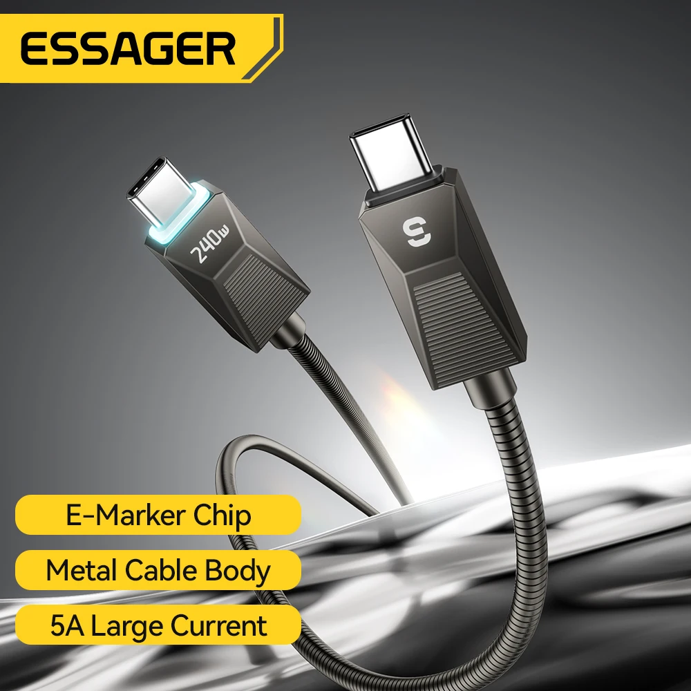 Essager 240W Super Fast Charge Type-C Cable 100W Fast Charging Stainless Stee Data Wire 5A For Macbook iPad iPone 16 15 Pro Max