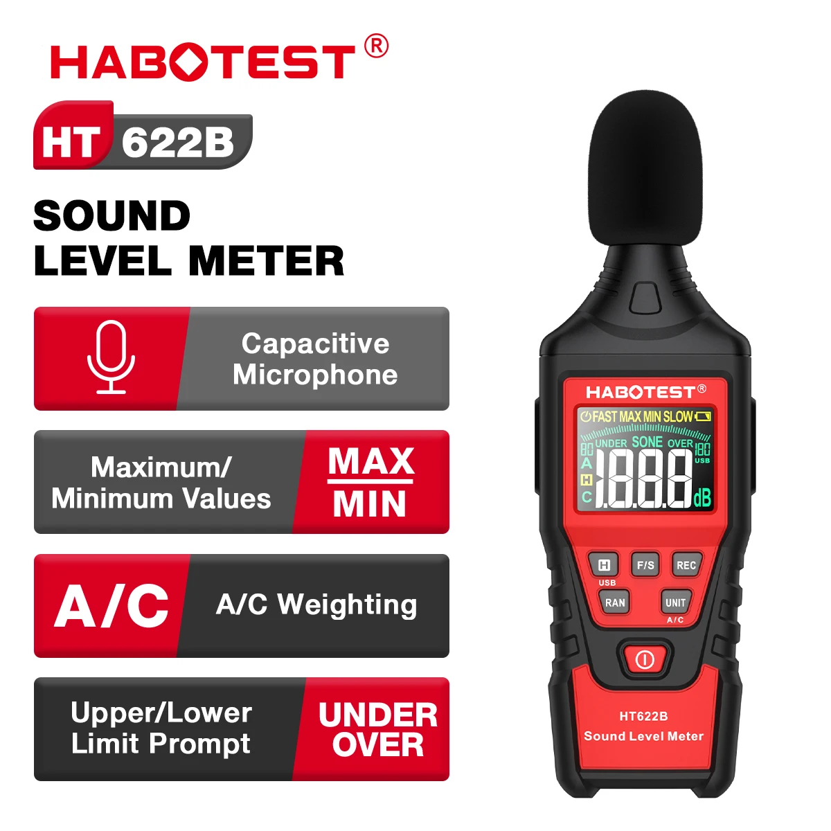 HABOTEST HT622 Digital Sound Level Meter Noise Tester Sound Detector Decible Monitor 30-130dB With USB Data Connection Function