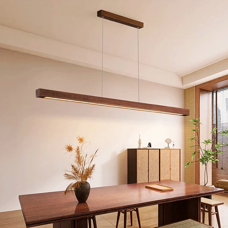 DAMIASMIL LED Pendant Light Dining Table Lamp Wood Long Strip Suspension Chandelier for Living Dining Room Lighting Fixture 1
