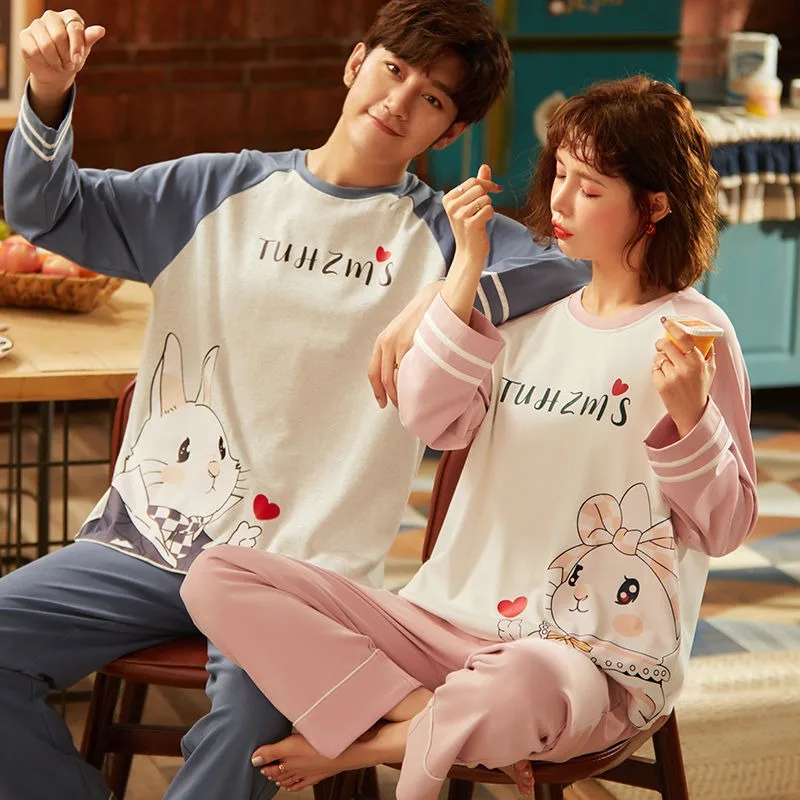 2024 New Long-sleeved Couple Pajamas Outfit Man Woman Spring Autumn Sleepwear Suit Youth Cute Cartoon Cotton Loungewear Sets