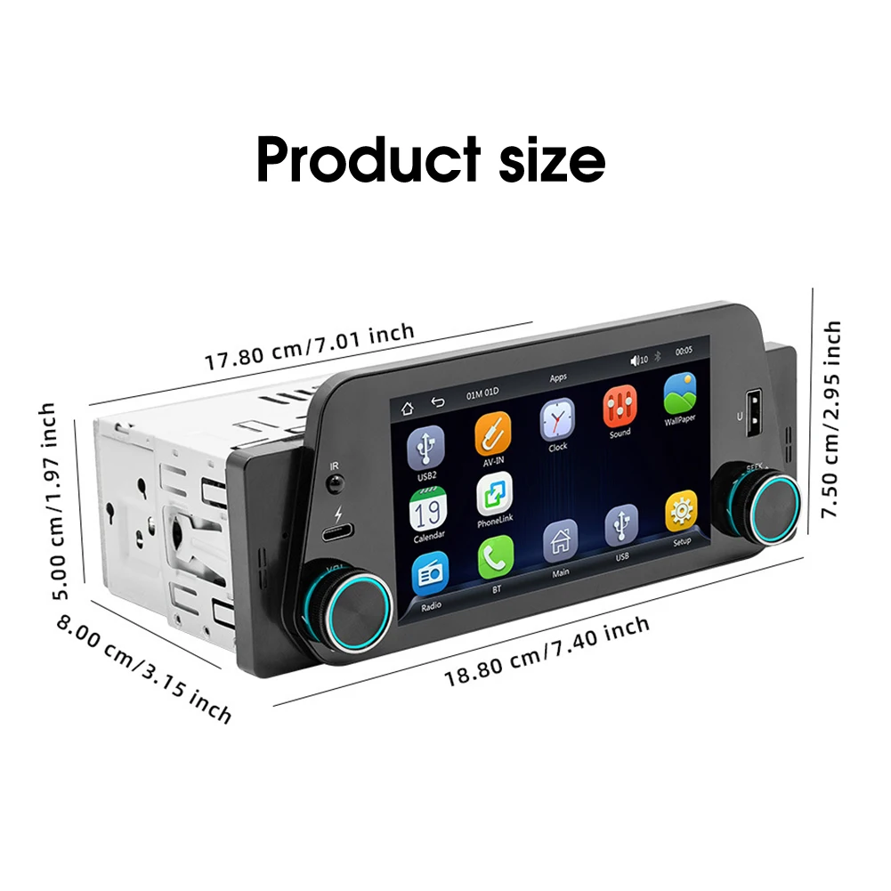1Din Car Stereo Wireless CarPlay Android Auto Car Radio 5-Inch Touch Screen Bluetooth Handsfree Call USB Mirrorlink Audio System