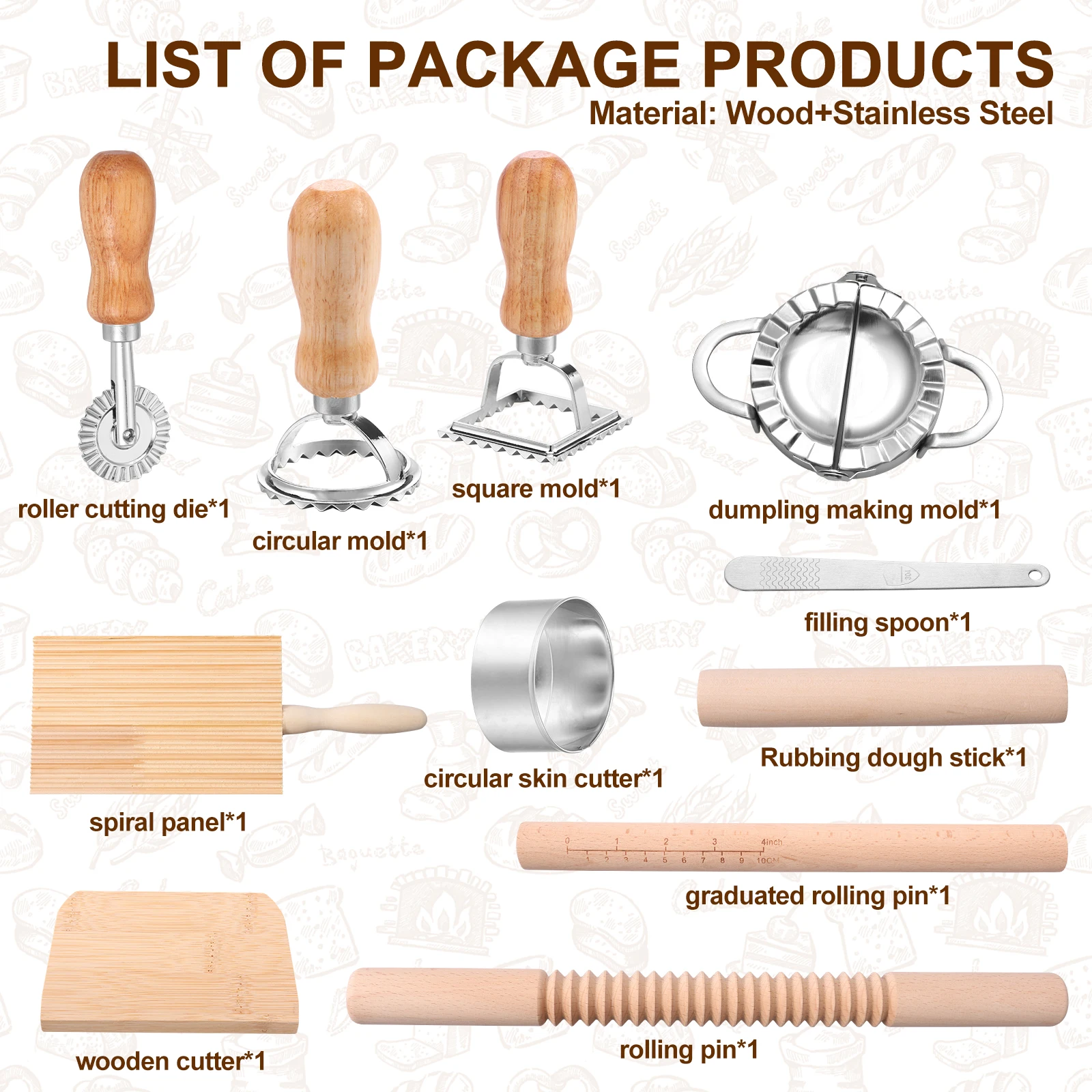 11Pcs Pasta Making Tools Kit Efficient Pasta Making Set Wooden Threaded Rolling Pin Gnocchi Board Dough Cutter Dumpling Maker