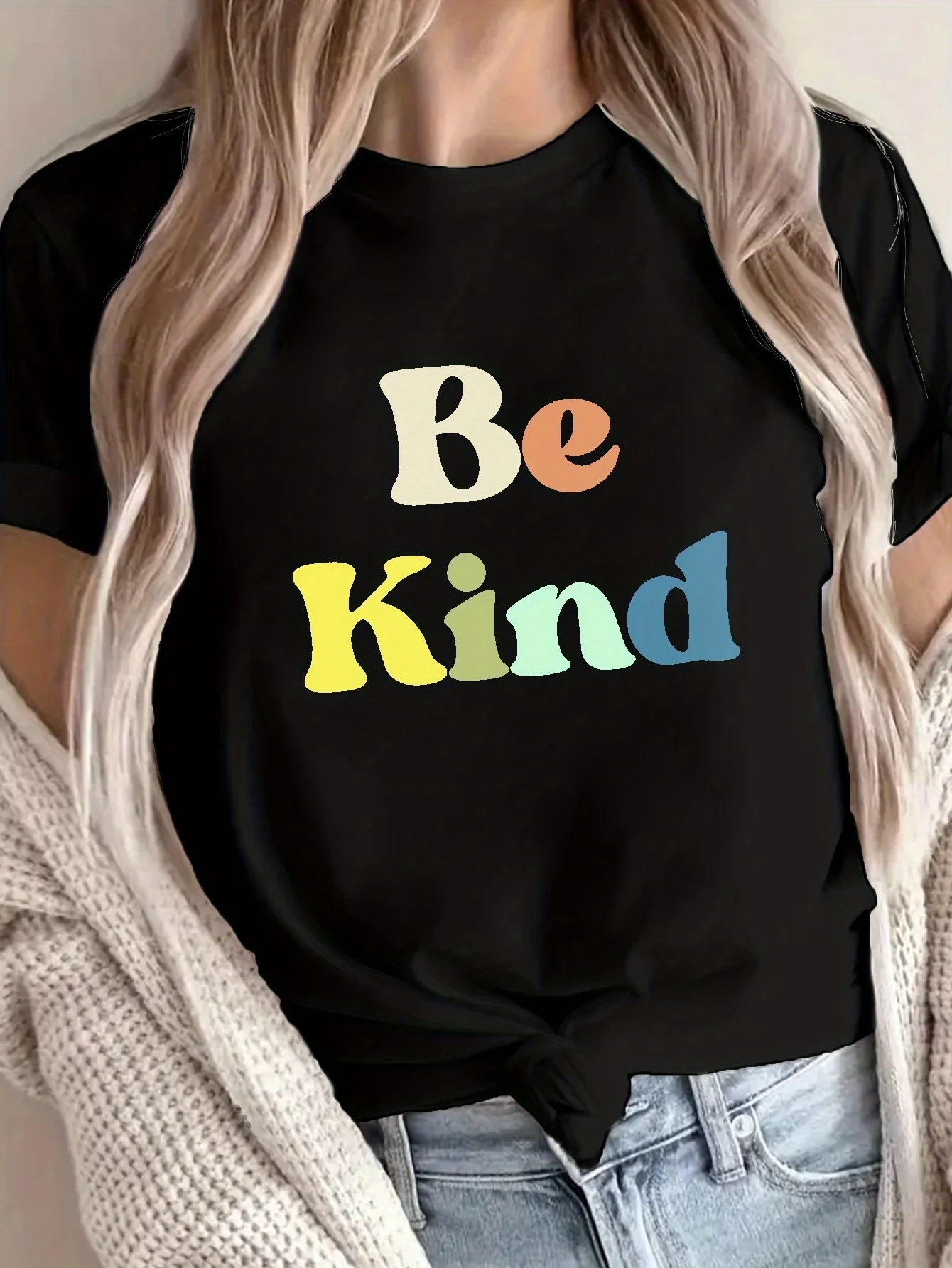 

Футболка с принтом Be Kind, повседневный топ с коротким рукавом и круглым вырезом для лета и весны, женская одежда