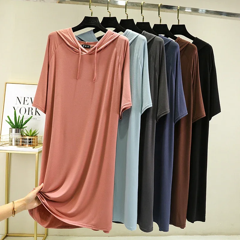 

Modal Short Sleeve Hooded Nightwear Dress for Women's Spring and Summer Loose Bottom Solid Medium Length T-shirt Nightgown