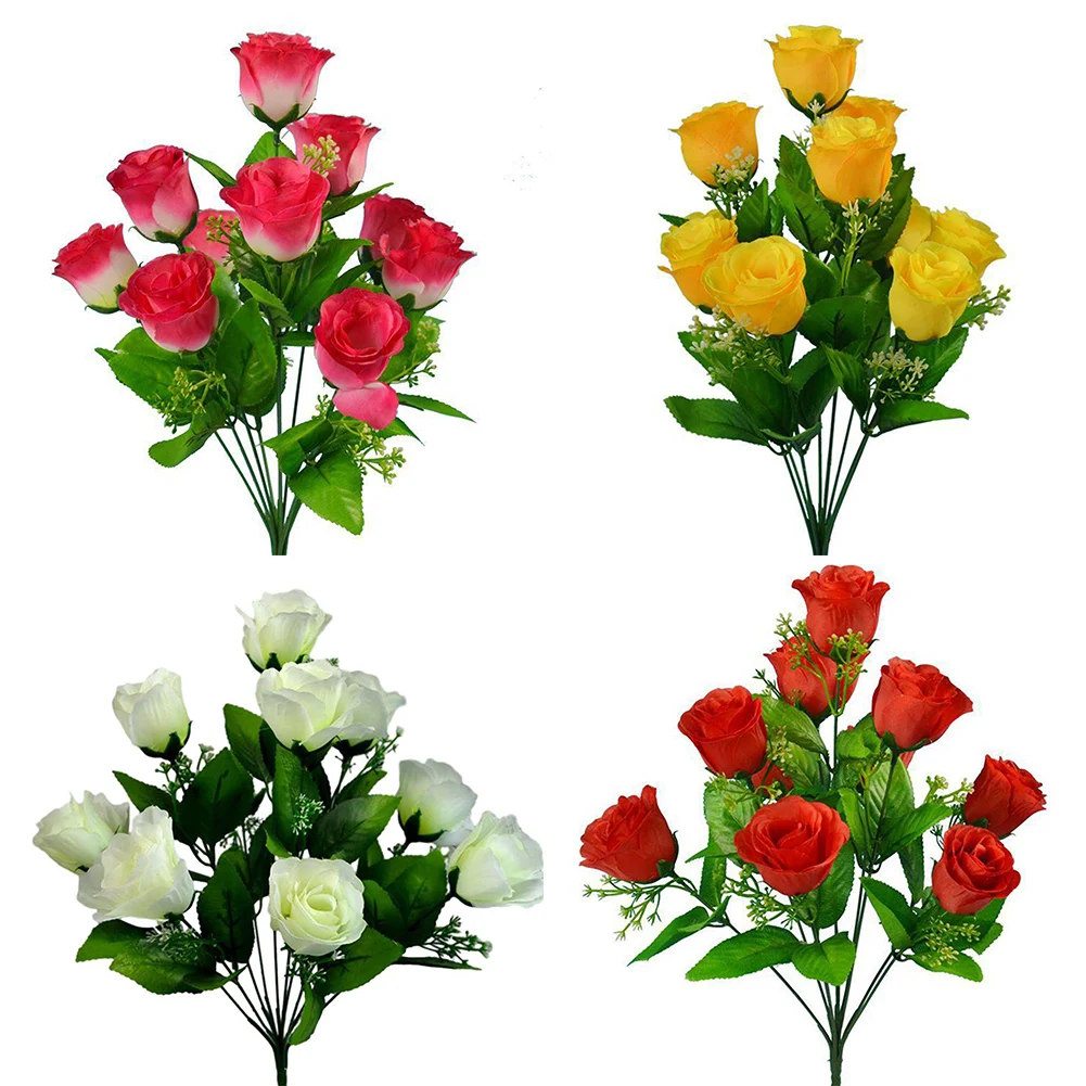 

10 Heads Artificial Silk Fake Flowers Red Rose Bud Bunch Wedding Bridal Bouquet Flowers Home Outdoor Wedding Party Decoration