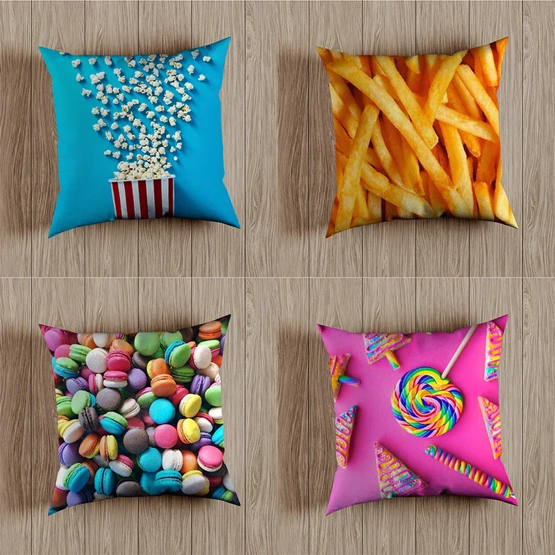 

Food Fries Popcorn Cushion Cover Macaron Pizza Polyester Throw Pillows Candy Donut Sofa Home Decor Decoration Pillow Case 45cm