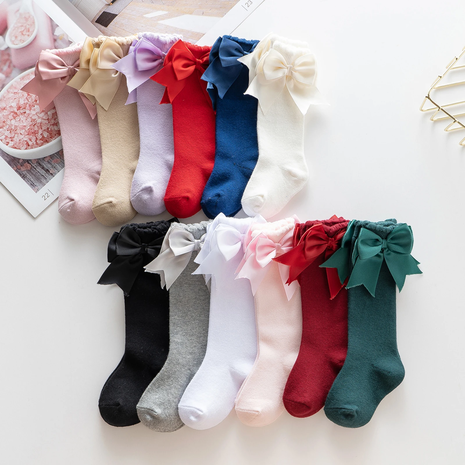 Infant Baby Girls Socks cotton knee high bowknot solid color breathable sock 0-2Y