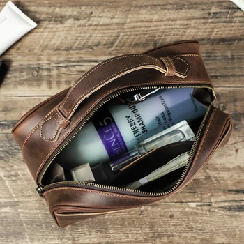 CONTACT'S Genuine Leather Cosmetic Bag for Men Travel Portable Toiletries Large Storage Bag Man Makeup Organizer Wash Pouch
