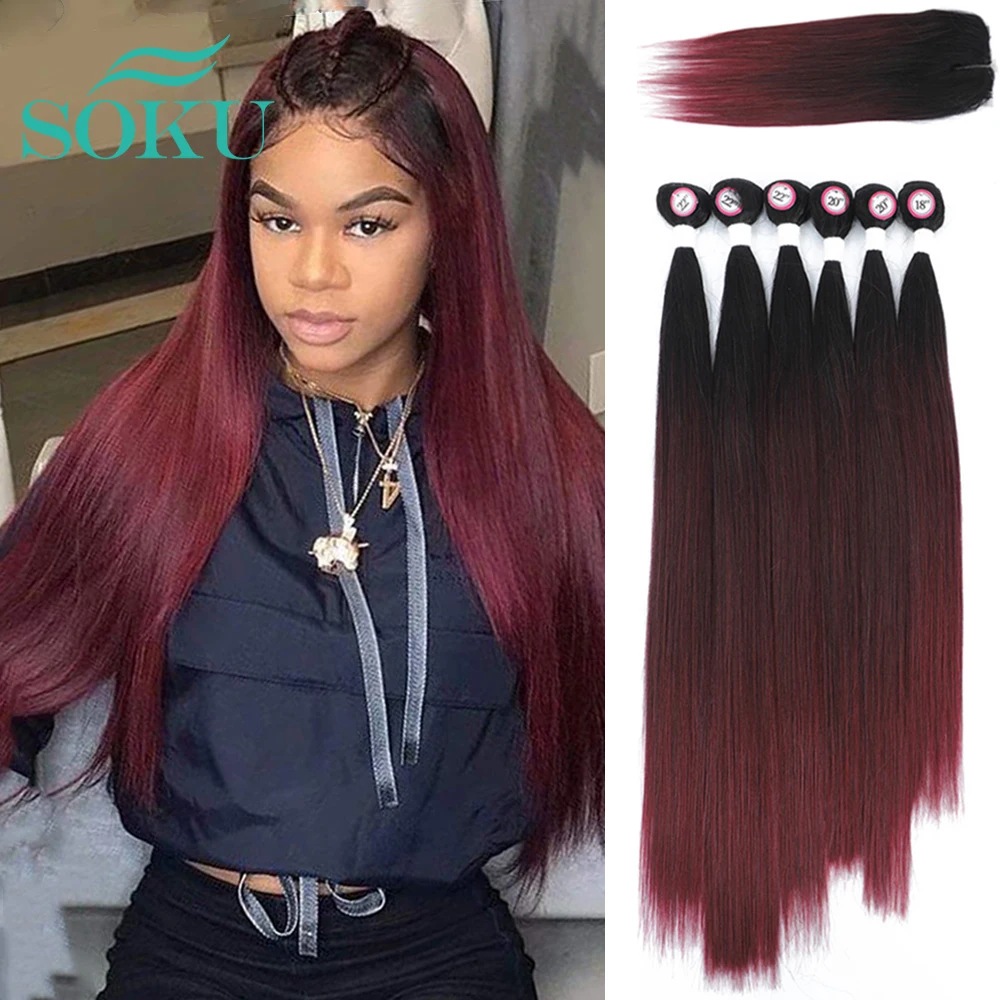 Synthetic Lace Closure Weaving Bundles Hair Ombre Dark Red Color Weave SOKU Nature Straight Extensions 6 | Шиньоны и парики