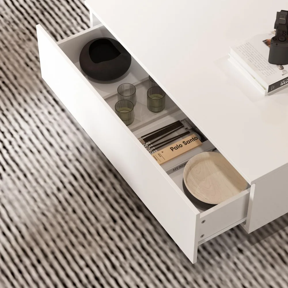 Modern Coffee Table with Lights & Glass Tabletop with 2 Drawers, Central Table with Storage, White, Living Room Coffee Table 5