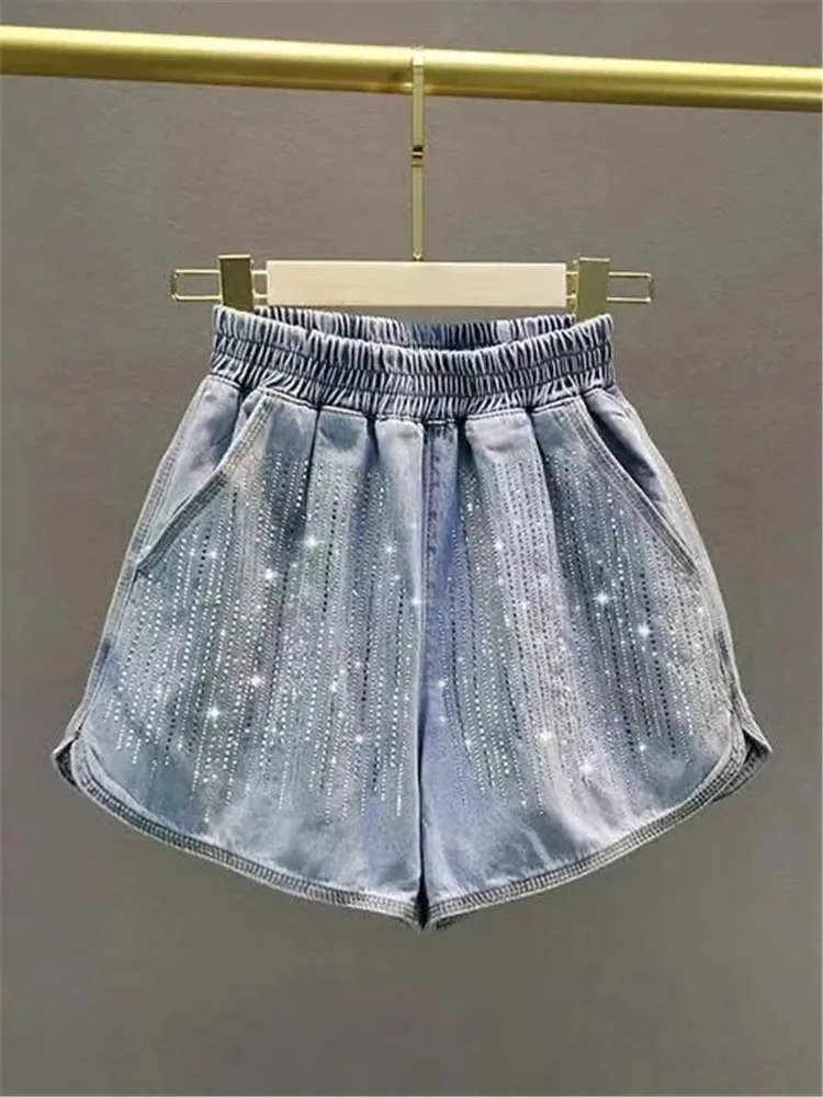 

2024 Summer New Thin Denim Shorts Shiny Hot Drilling Wide Leg Hot Pants All-match Elastic High Waist A-line Short Jeans